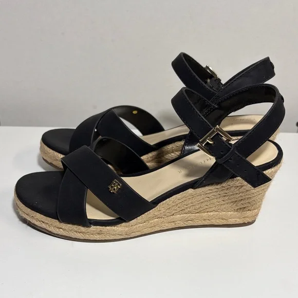 Tommy Hilfiger Black and Tan Wedge Sandals - Picture 3 of 8